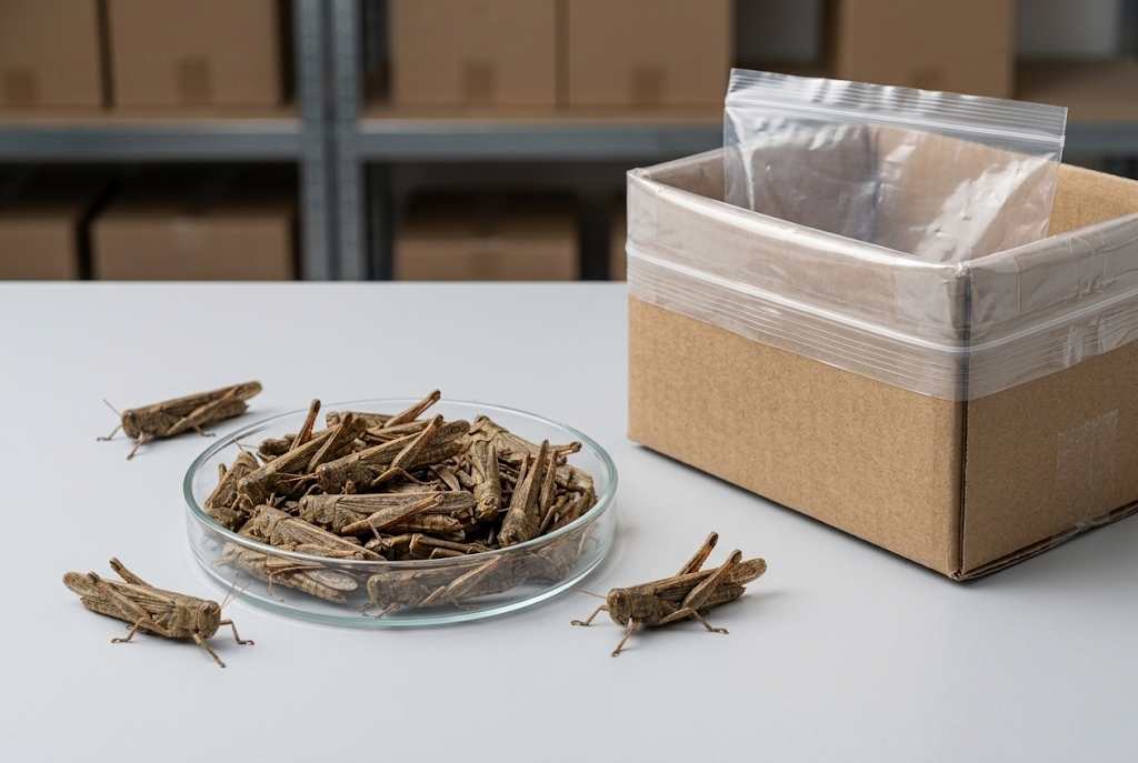 Bulk dried grasshoppers reviewed for drying condition sealed liners and transport packaging
