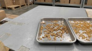 Whole dried insects and broken mealworm fragments compared in inspection trays