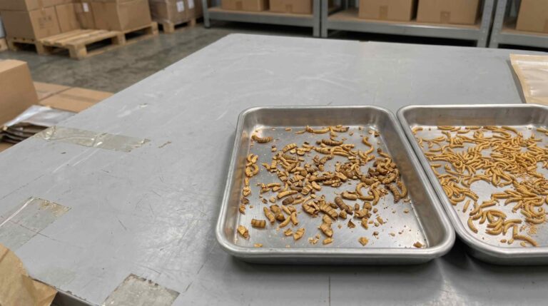 Whole dried insects and broken mealworm fragments compared in inspection trays