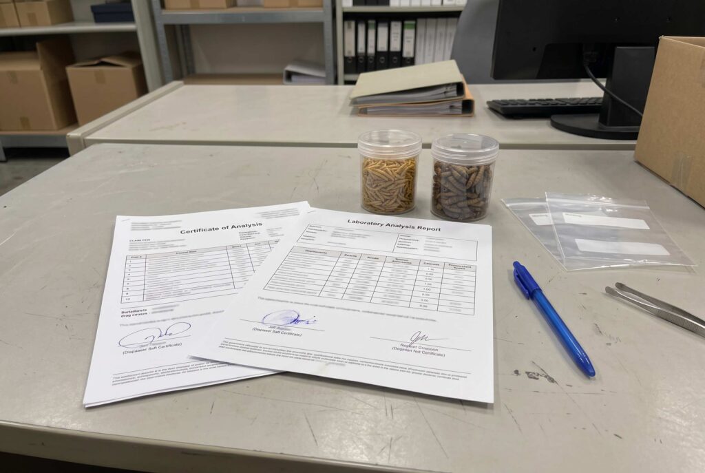 Mealworms protein content testing documents and whole dried insect samples