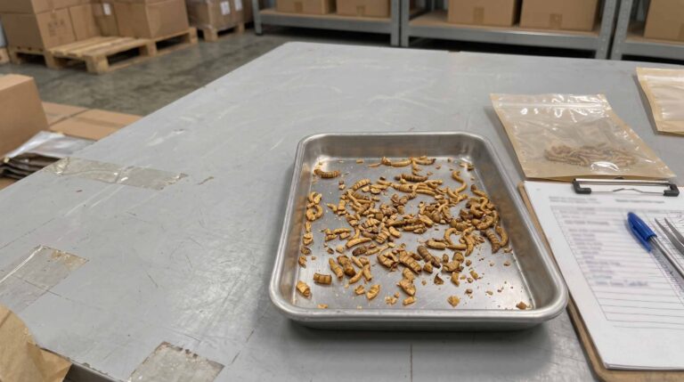 Whole dried mealworms prepared for commercial protein testing and quality inspection