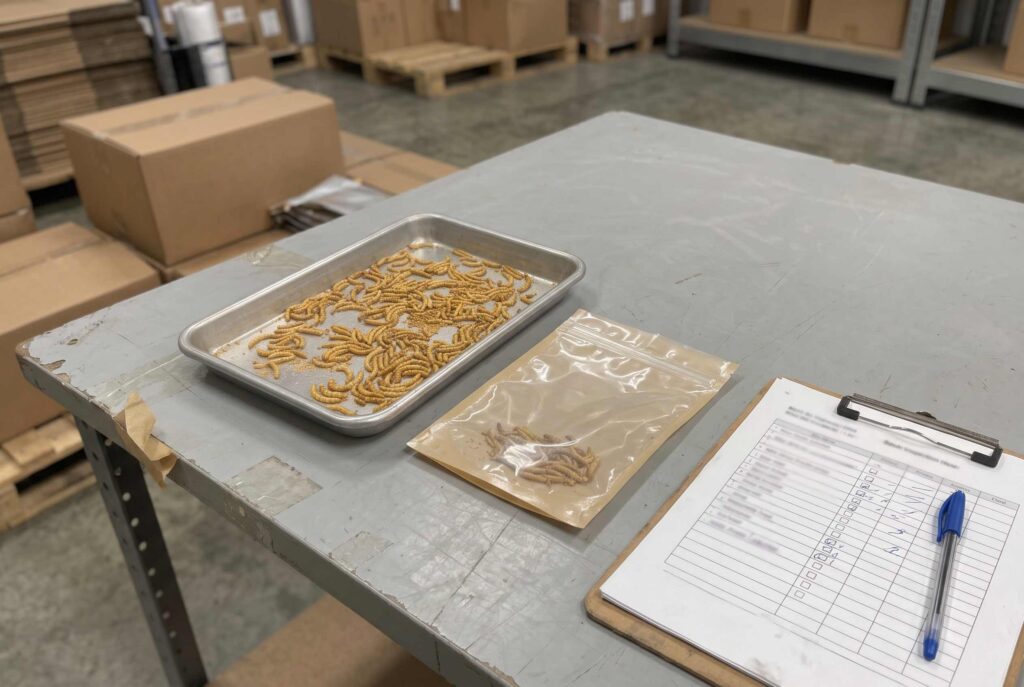 Whole dried insects with batch inspection records and commercial sample packaging