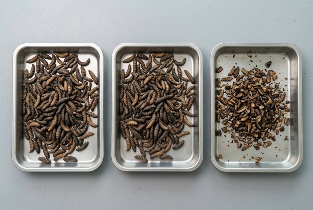 Bulk dried BSFL quality inspection for whole larvae, fragments and foreign matter